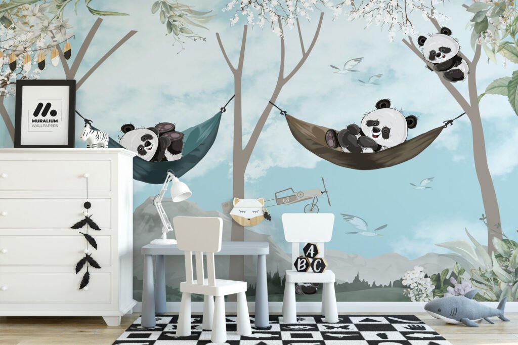 Ağaçlarda Rahatlayan Pandalar İllüstrasyonu Çocuk Odası Duvar Kağıdı Bebek Odası Duvar Kağıtları 4