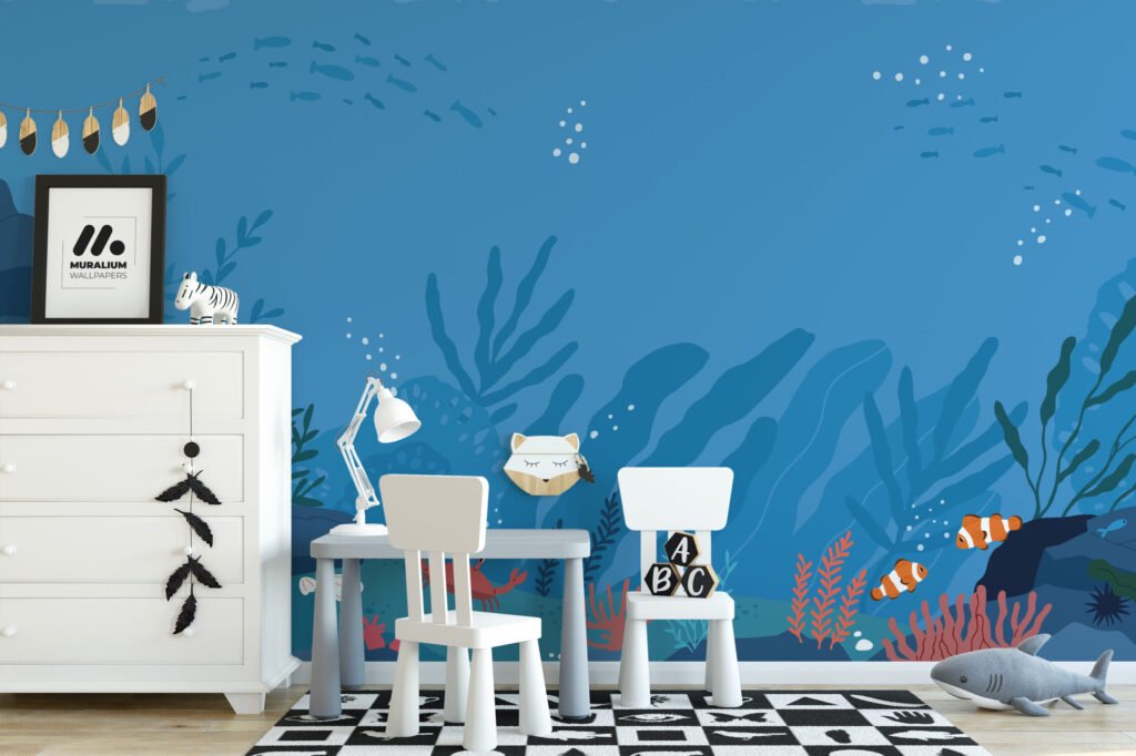 Karikatür Stili Mavi Denizaltı Okyanus Duvar Kağıdı, Okyanus Çocuk Odası Duvar Posteri Çocuk Odası Duvar Kağıtları 5