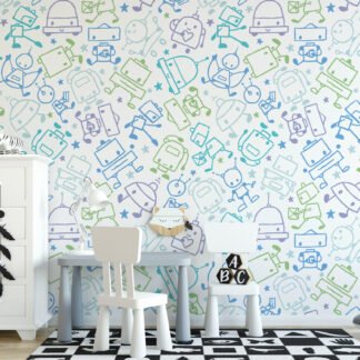 Tatlı Karalama Robotları Çizimleri Bebek Odası Duvar Kağıdı, Uzay Line Art 3D Duvar Posteri Bebek Odası Duvar Kağıtları