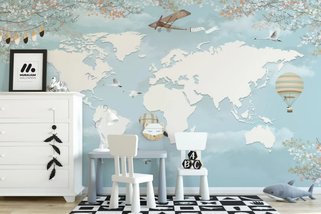 Pastel Açık Mavi Dünya Haritası Çocuk Odası Duvar Kağıdı Bebek Odası Duvar Kağıtları 3
