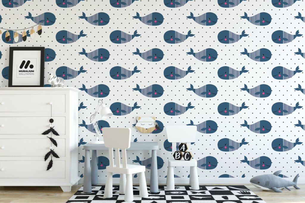 Tatlı Balina Deseni Bebek Odası Duvar Kağıdı, Sevimli Balinalar 3D Duvar Posteri Bebek Odası Duvar Kağıtları 4