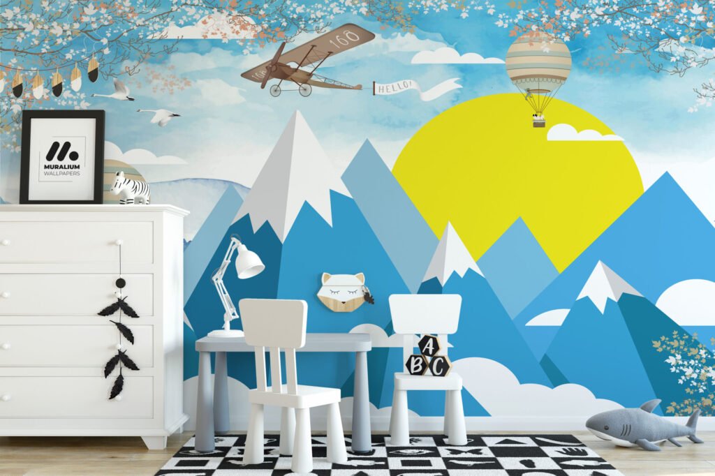 Mavi Dağlar, Sıcak Hava Balonları ve Uçaklar Çocuk Odası Duvar Kağıdı Çocuk Odası Duvar Kağıtları 3