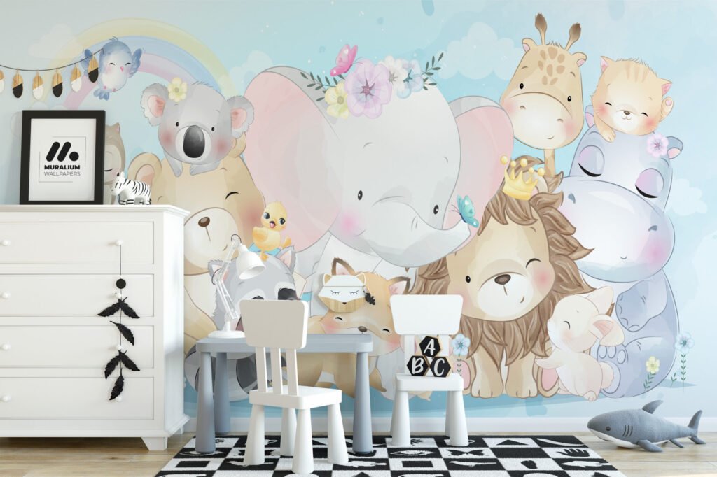 Sevimli Pastel Hayvanlar Çocuk Odası Duvar Kağıdı Bebek Odası Duvar Kağıtları 4