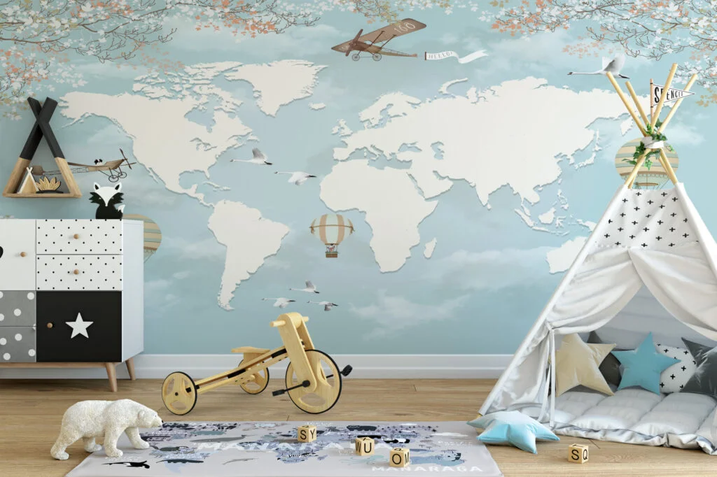 Pastel Açık Mavi Dünya Haritası Çocuk Odası Duvar Kağıdı Bebek Odası Duvar Kağıtları 4