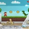 Pixel Art Oyun Seviye Platformu Dinozorlu Duvar Kağıdı, Klasik 8-bit Macera Oyun Sahnesi 3D Duvar Posteri - Görsel 4