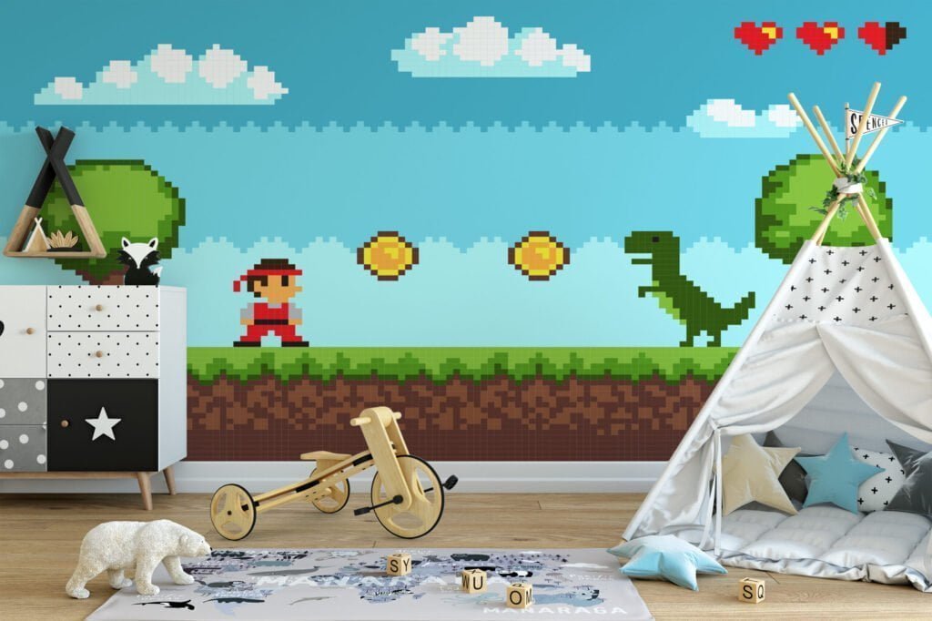 Pixel Art Oyun Seviye Platformu Dinozorlu Duvar Kağıdı, Klasik 8-bit Macera Oyun Sahnesi 3D Duvar Posteri Çocuk Odası Duvar Kağıtları 5