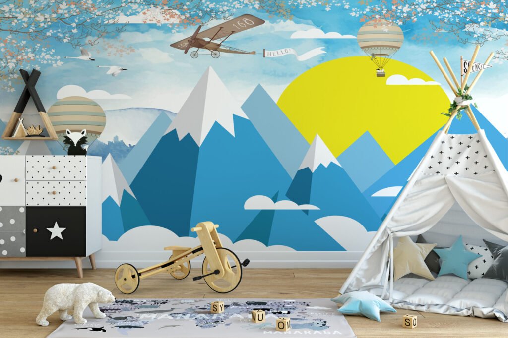 Mavi Dağlar, Sıcak Hava Balonları ve Uçaklar Çocuk Odası Duvar Kağıdı Çocuk Odası Duvar Kağıtları 2