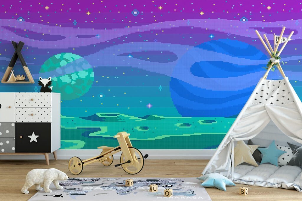 Uzayda Renkli Pixel Art Uzaylı Duvar Kağıdı, Piksel Sanatı Uzay Manzarası 3D Duvar Posteri Çocuk Odası Duvar Kağıtları 2