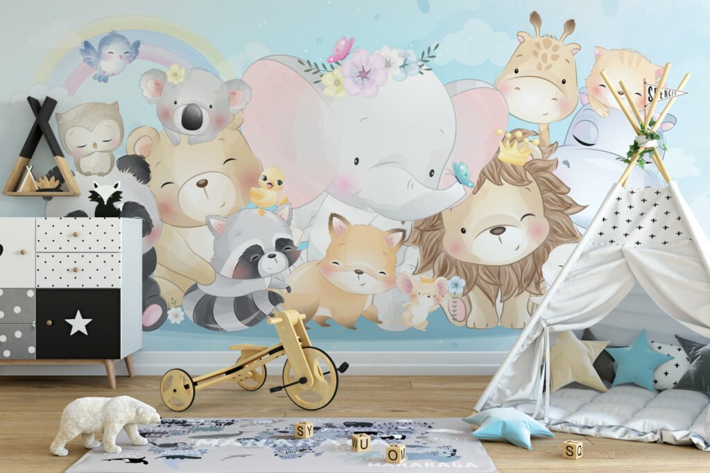 Sevimli Pastel Hayvanlar Çocuk Odası Duvar Kağıdı Bebek Odası Duvar Kağıtları 5