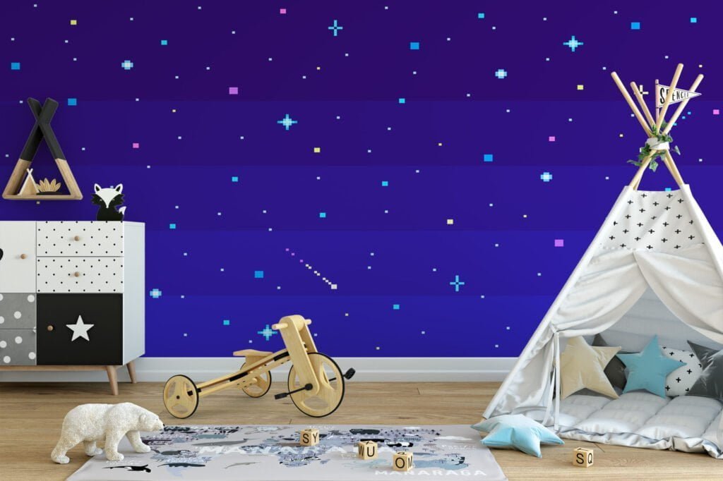Pixel Art Yıldızlarla Gece Gökyüzü Duvar Kağıdı, Minimalist Piksel Yıldız Alanı 3D Duvar Posteri Çocuk Odası Duvar Kağıtları 3