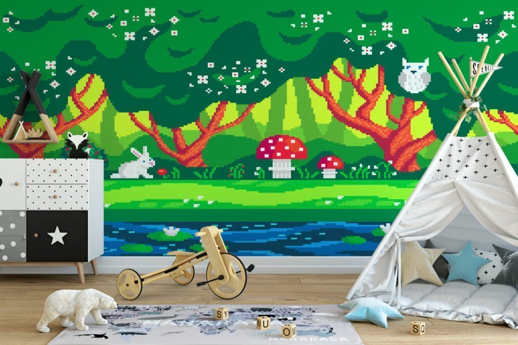 Piksel Sanatı Orman Çocuk Odası Duvar Kağıdı, Büyülü Orman Piksel Sanatı 3D Duvar Posteri Orman Temalı Duvar Kağıtları 2