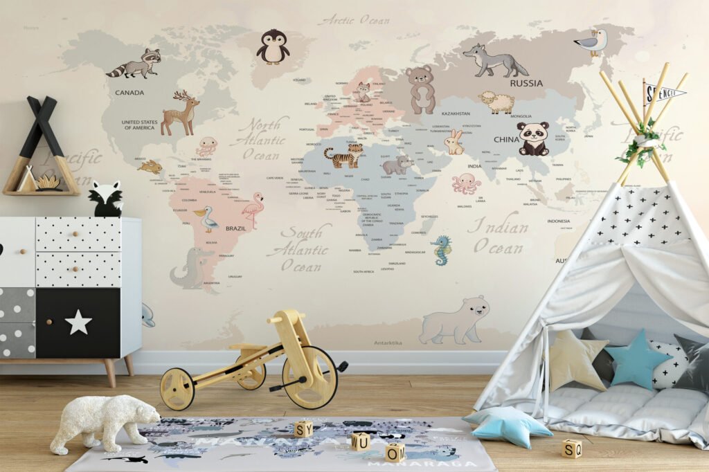 Pastel Dünya Haritası ve Hayvanlar Çocuk Odası Duvar Kağıdı Bebek Odası Duvar Kağıtları 4