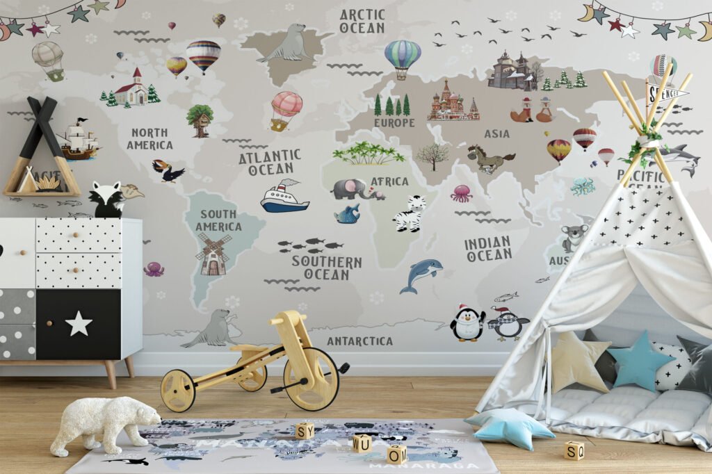 Pastel Bej Dünya Haritası ve Hayvanlar Çocuk Odası Duvar Kağıdı Bebek Odası Duvar Kağıtları 3