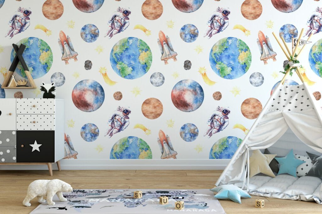 Sulu Boya Astronot ve Uzay Temalı Gezegenler Duvar Kağıdı, Astronot ve Uzay Mekiği 3D Duvar Posteri Bebek Odası Duvar Kağıtları 2