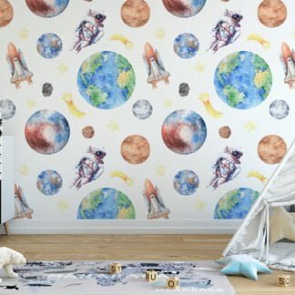 Sulu Boya Astronot ve Uzay Temalı Gezegenler Duvar Kağıdı, Astronot ve Uzay Mekiği 3D Duvar Posteri Bebek Odası Duvar Kağıtları