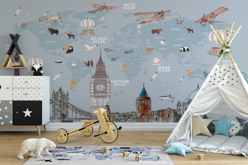 Hayvanlar ve Dünyaca Ünlü Yapılarla Dünya Haritası Çocuk Odası Duvar Kağıdı Bebek Odası Duvar Kağıtları 4