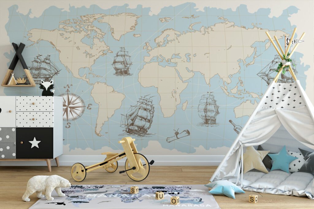 Pastel Mavi Korsan Temalı Dünya Haritası Duvar Kağıdı Çocuk Odası Harita Duvar Kağıtları 3