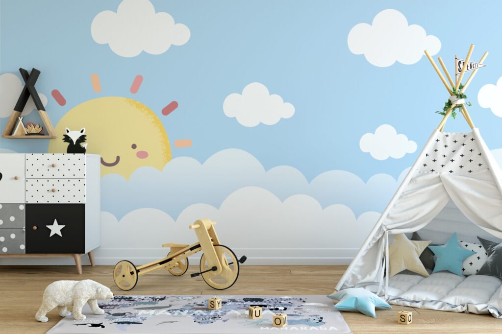 Sevimli Gülümseyen Güneş ve Bulutlar Çocuk Odası Duvar Kağıdı Bebek Odası Duvar Kağıtları 4