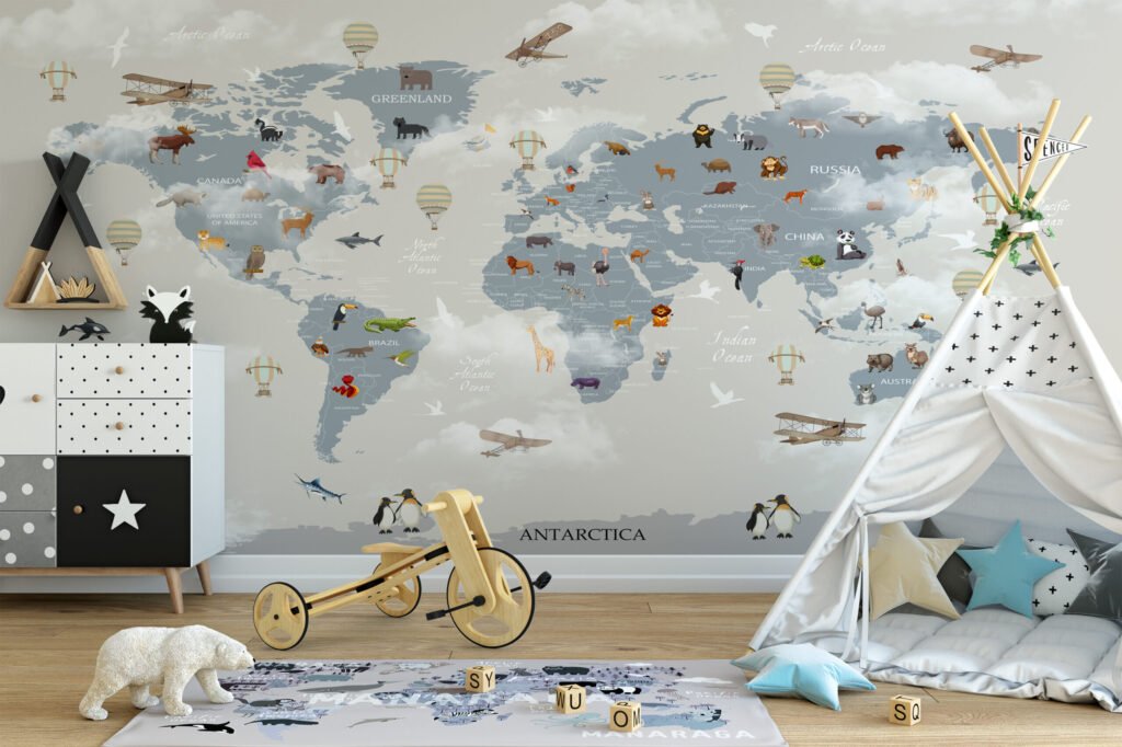 Dünya Haritası, Hayvanlar ve Bulutlar Çocuk Odası Duvar Kağıdı Bebek Odası Duvar Kağıtları 5
