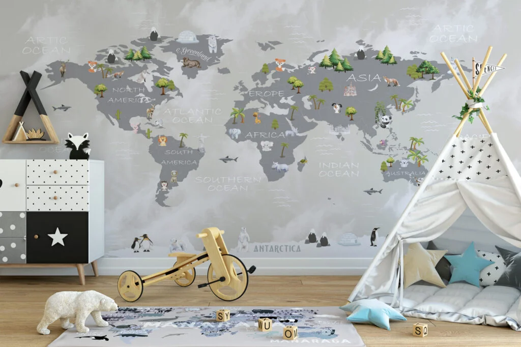 Pastel Dünya Haritası ve Hayvanlar Çocuk Odası 3D Duvar Kağıdı Bebek Odası Duvar Kağıtları 2