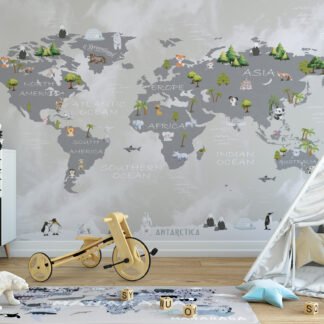 Pastel Dünya Haritası ve Hayvanlar Çocuk Odası 3D Duvar Kağıdı Bebek Odası Duvar Kağıtları