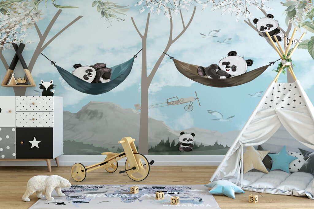 Ağaçlarda Rahatlayan Pandalar İllüstrasyonu Çocuk Odası Duvar Kağıdı Bebek Odası Duvar Kağıtları 5