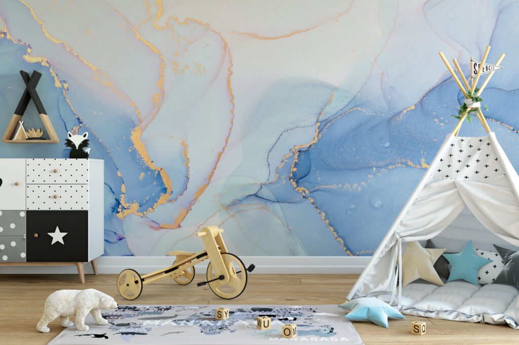 Yumuşak Tonlu Mavi Mürekkep Sanatı Mermer Desenli Duvar Kağıdı Bebek Odası Duvar Kağıtları 2