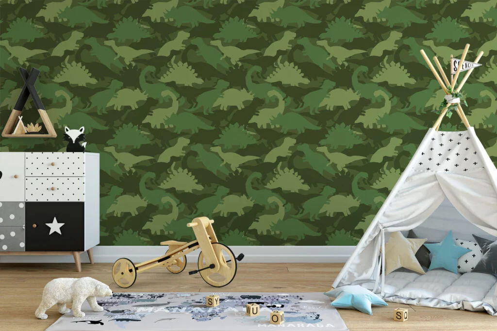 Yeşil Kamuflaj Dinozor Silüeti Duvar Kağıdı, Çocuk Odası Duvar Posteri Çocuk Odası Duvar Kağıtları 3
