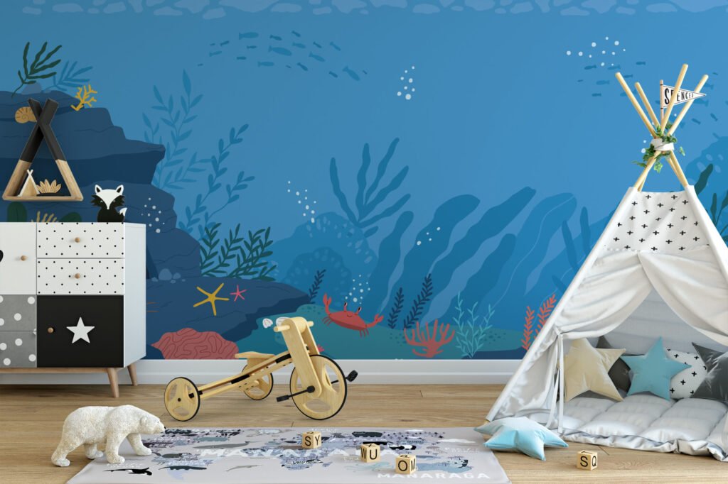 Karikatür Stili Mavi Denizaltı Okyanus Duvar Kağıdı, Okyanus Çocuk Odası Duvar Posteri Çocuk Odası Duvar Kağıtları 6