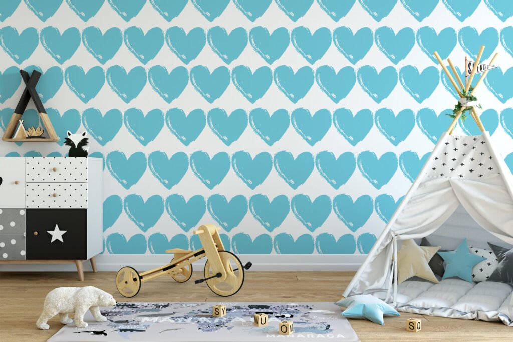 Açık Mavi Kalp Desenli Duvar Kağıdı, Mavi Kalp Desenli Bebek Odası 3D Duvar Posteri Bebek Odası Duvar Kağıtları 5