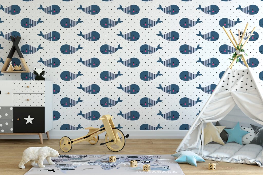 Tatlı Balina Deseni Bebek Odası Duvar Kağıdı, Sevimli Balinalar 3D Duvar Posteri Bebek Odası Duvar Kağıtları 2