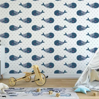 Tatlı Balina Deseni Bebek Odası Duvar Kağıdı, Sevimli Balinalar 3D Duvar Posteri Bebek Odası Duvar Kağıtları