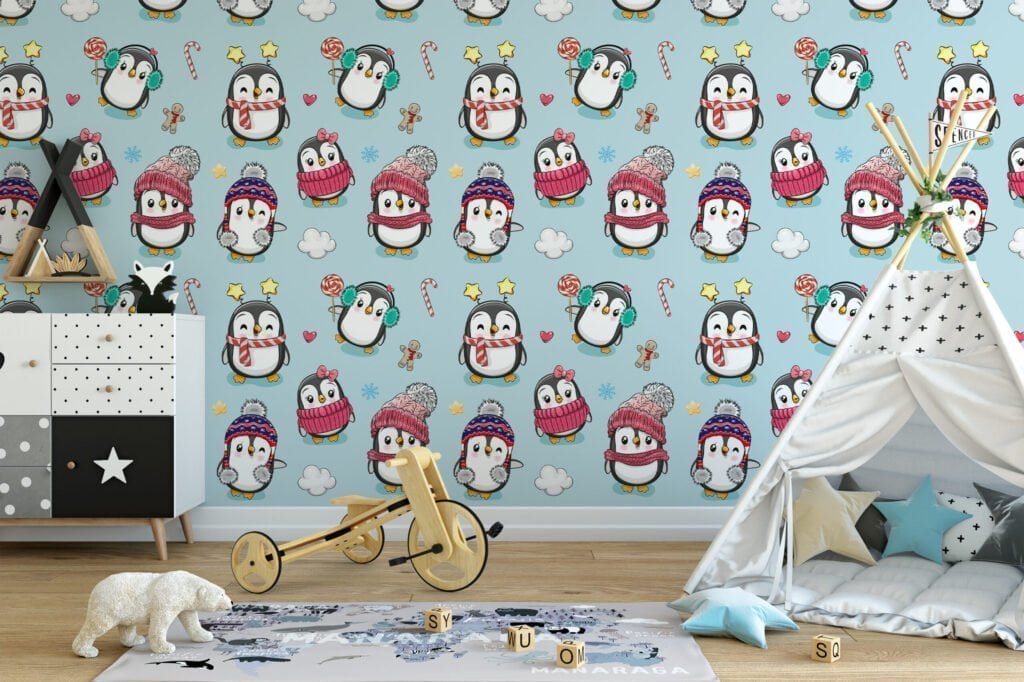 Tatlı Çizgi Dizi Stil Noel Penguenleri Duvar Kağıdı, Neşeli Penguen Zamanı Çocuk Odası 3D Duvar Posteri Bebek Odası Duvar Kağıtları 5