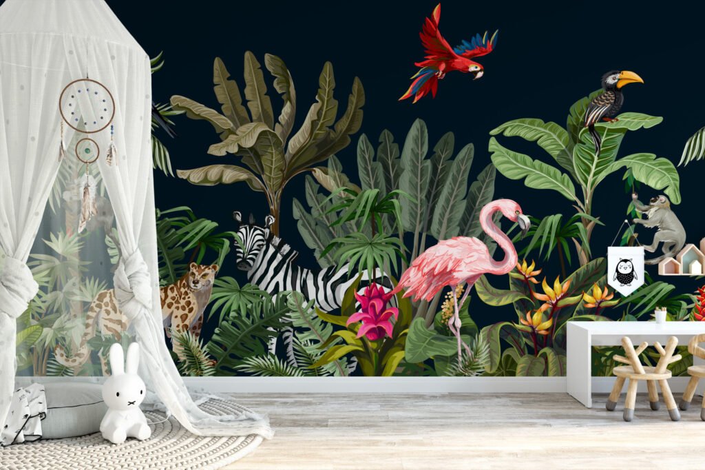 Koyu Zeminli Tropikal Orman ve Egzotik Hayvanlar Duvar Kağıdı, Egzotik Hayvan ve Çiçekli Duvar Posteri Çocuk Odası Duvar Kağıtları 4