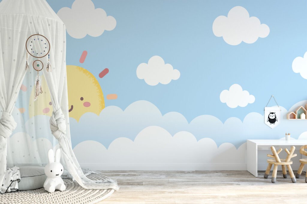 Sevimli Gülümseyen Güneş ve Bulutlar Çocuk Odası Duvar Kağıdı Bebek Odası Duvar Kağıtları 2