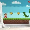 Pixel Art Oyun Seviye Platformu Dinozorlu Duvar Kağıdı, Klasik 8-bit Macera Oyun Sahnesi 3D Duvar Posteri - Görsel 3