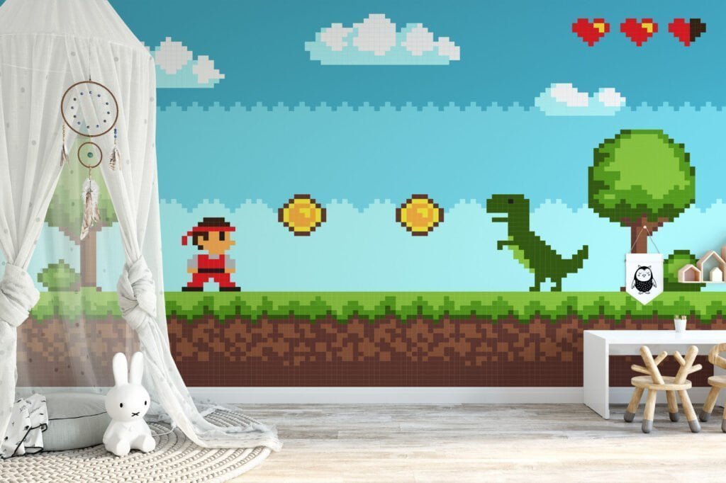 Pixel Art Oyun Seviye Platformu Dinozorlu Duvar Kağıdı, Klasik 8-bit Macera Oyun Sahnesi 3D Duvar Posteri Çocuk Odası Duvar Kağıtları 4