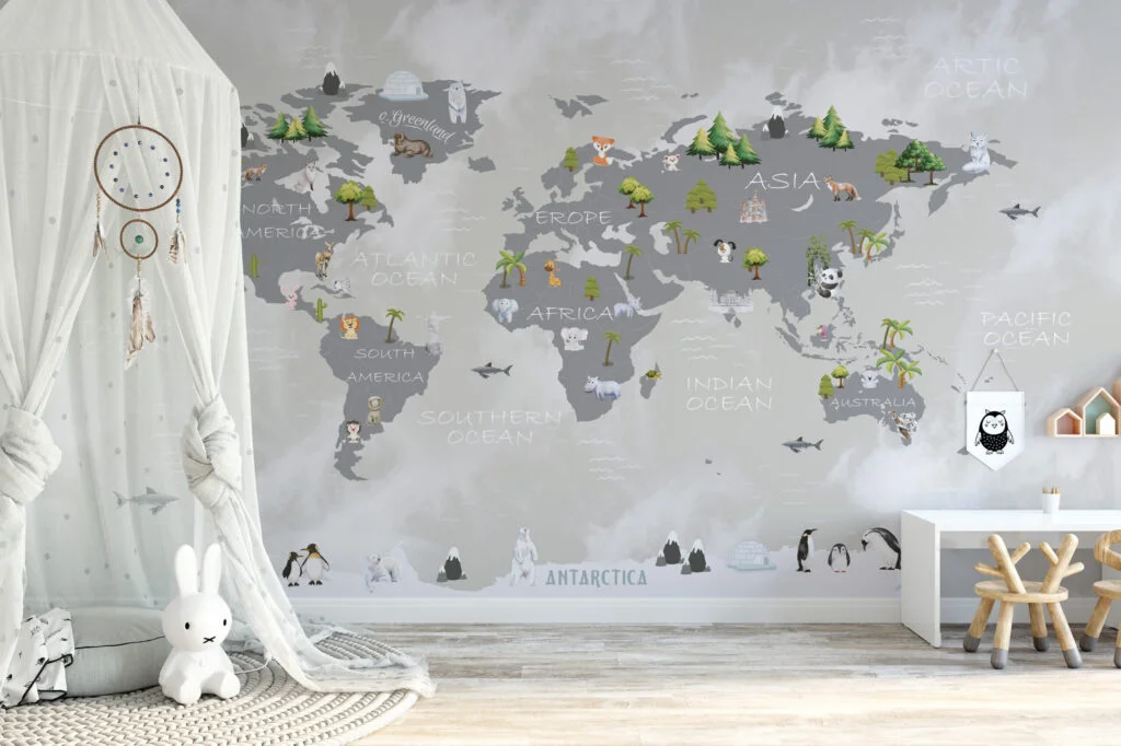 Pastel Dünya Haritası ve Hayvanlar Çocuk Odası 3D Duvar Kağıdı Bebek Odası Duvar Kağıtları 4
