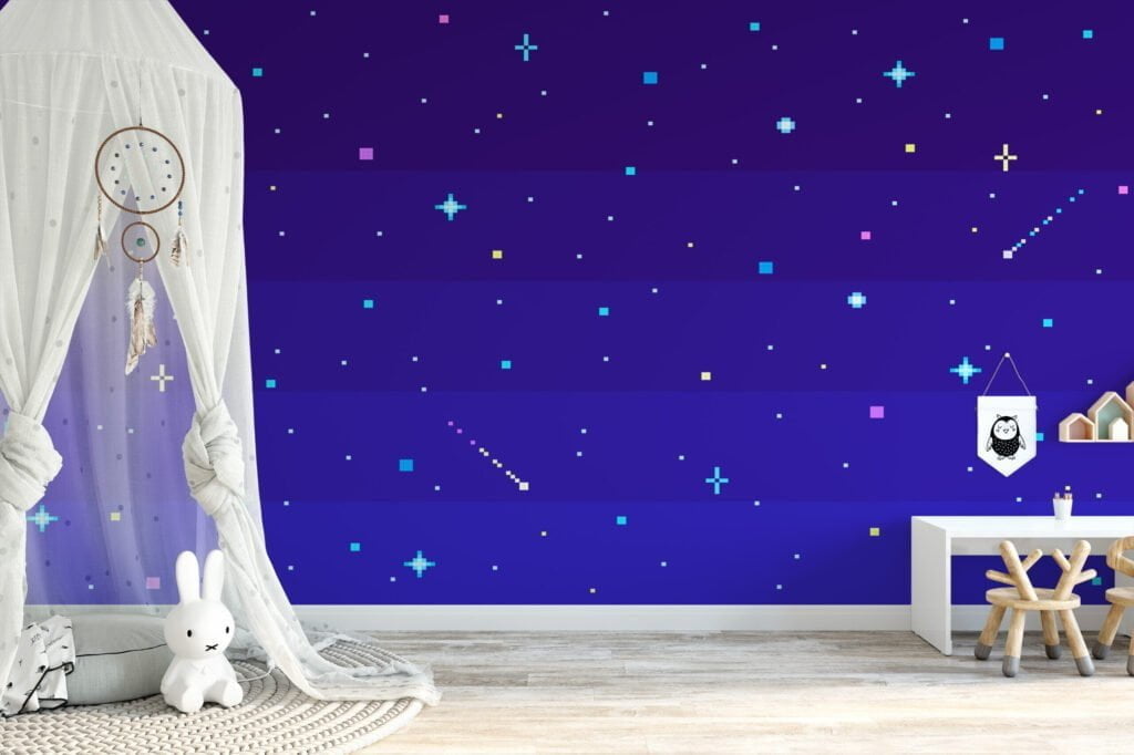 Pixel Art Yıldızlarla Gece Gökyüzü Duvar Kağıdı, Minimalist Piksel Yıldız Alanı 3D Duvar Posteri Çocuk Odası Duvar Kağıtları 4