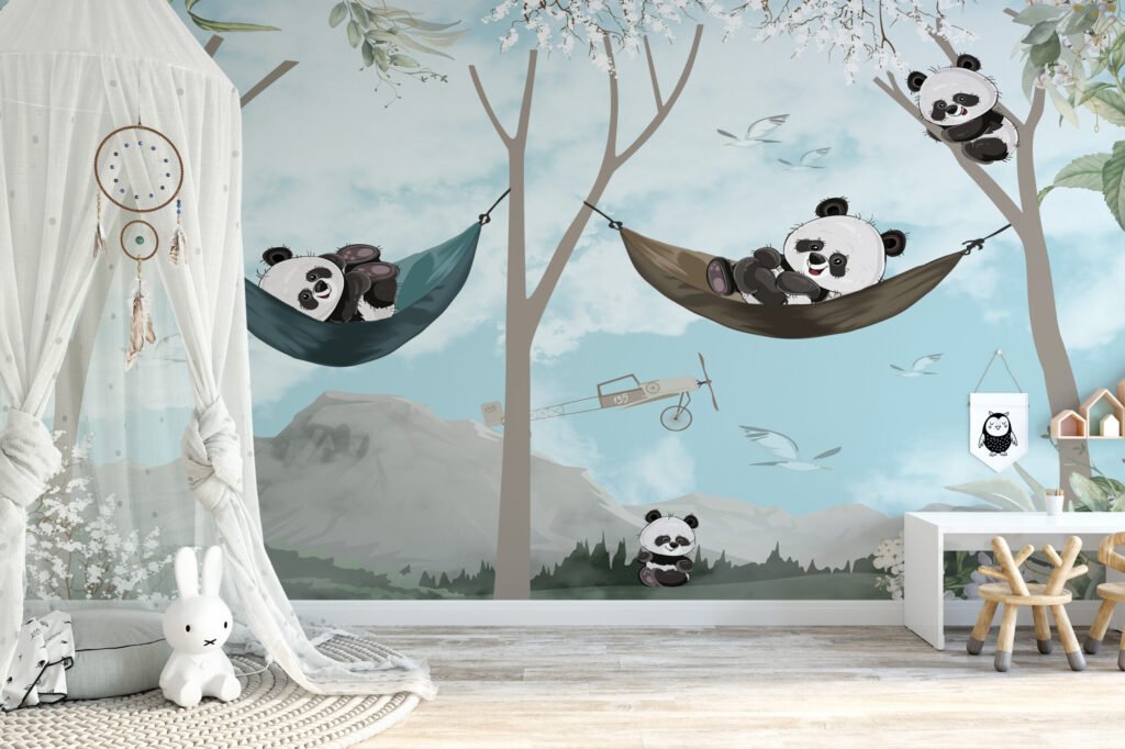 Ağaçlarda Rahatlayan Pandalar İllüstrasyonu Çocuk Odası Duvar Kağıdı Bebek Odası Duvar Kağıtları 2