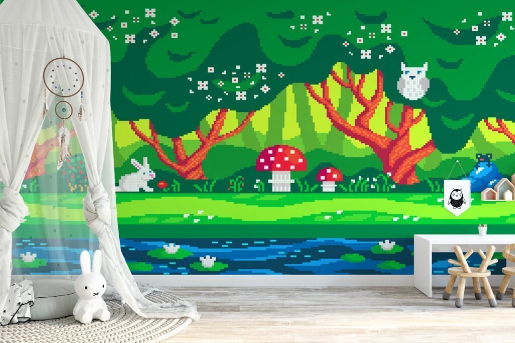 Piksel Sanatı Orman Çocuk Odası Duvar Kağıdı, Büyülü Orman Piksel Sanatı 3D Duvar Posteri Orman Temalı Duvar Kağıtları 3