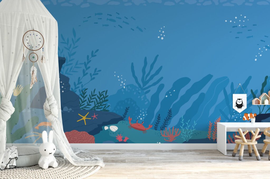 Karikatür Stili Mavi Denizaltı Okyanus Duvar Kağıdı, Okyanus Çocuk Odası Duvar Posteri Çocuk Odası Duvar Kağıtları 2