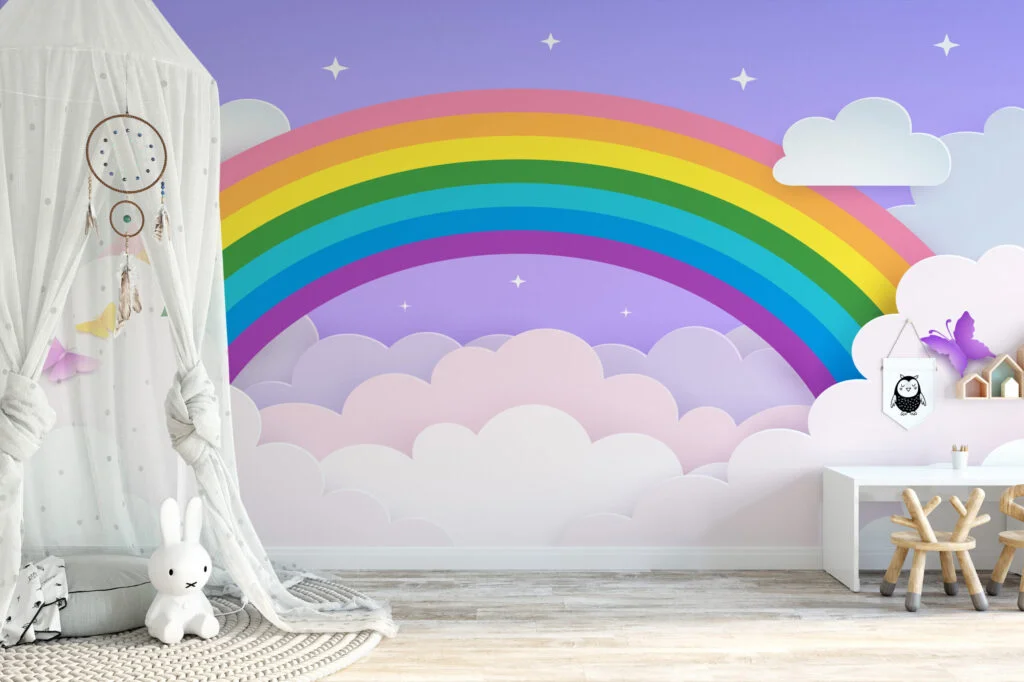Mor Arka Planlı Gökkuşağı ve Bulut Çocuk Odası Duvar Kağıdı Bebek Odası Duvar Kağıtları 4