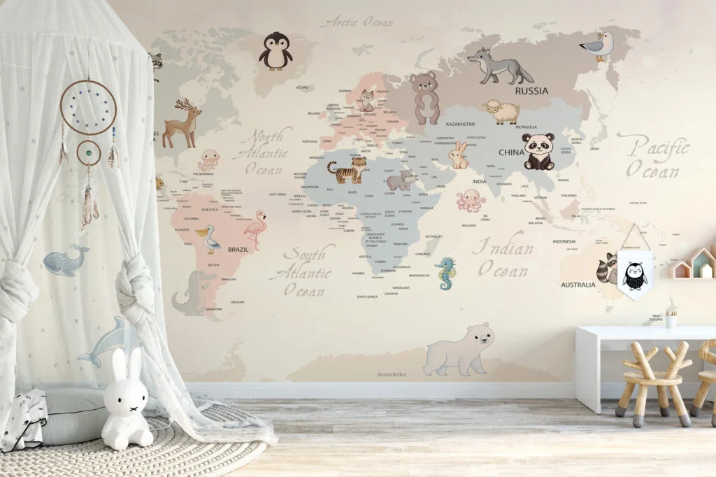 Pastel Dünya Haritası ve Hayvanlar Çocuk Odası Duvar Kağıdı Bebek Odası Duvar Kağıtları 5
