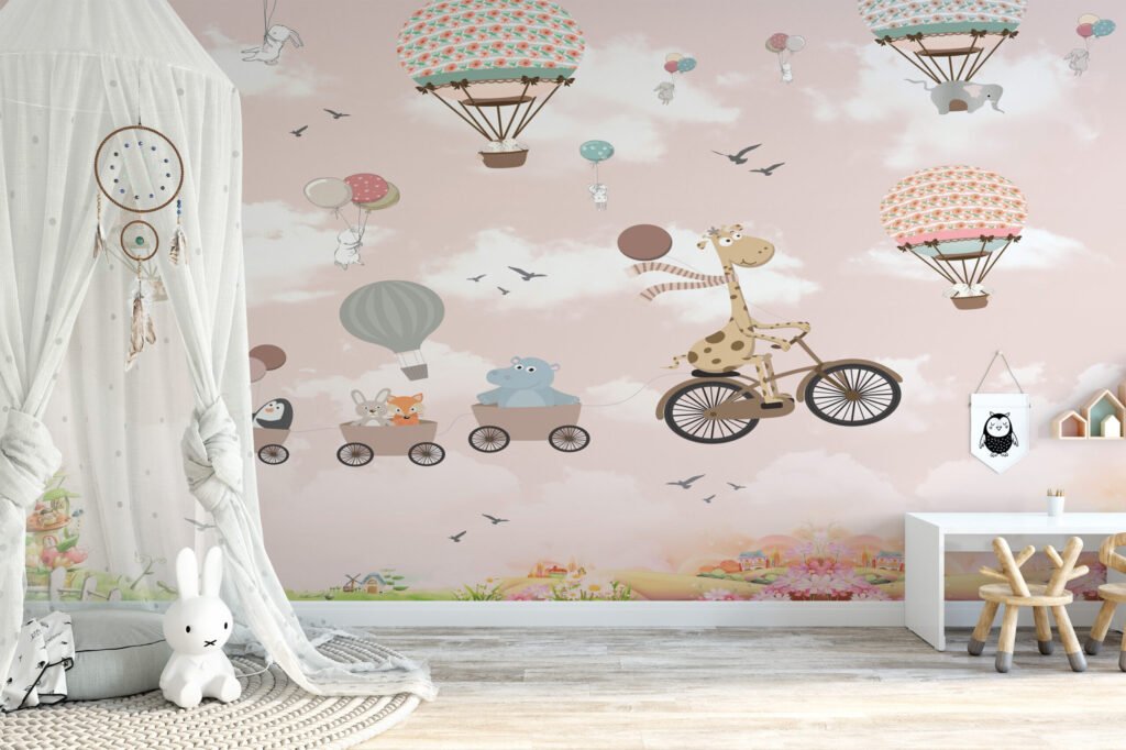 Pembe Pastel Sıcak Hava Balonları Çocuk Odası Duvar Kağıdı Bebek Odası Duvar Kağıtları 3