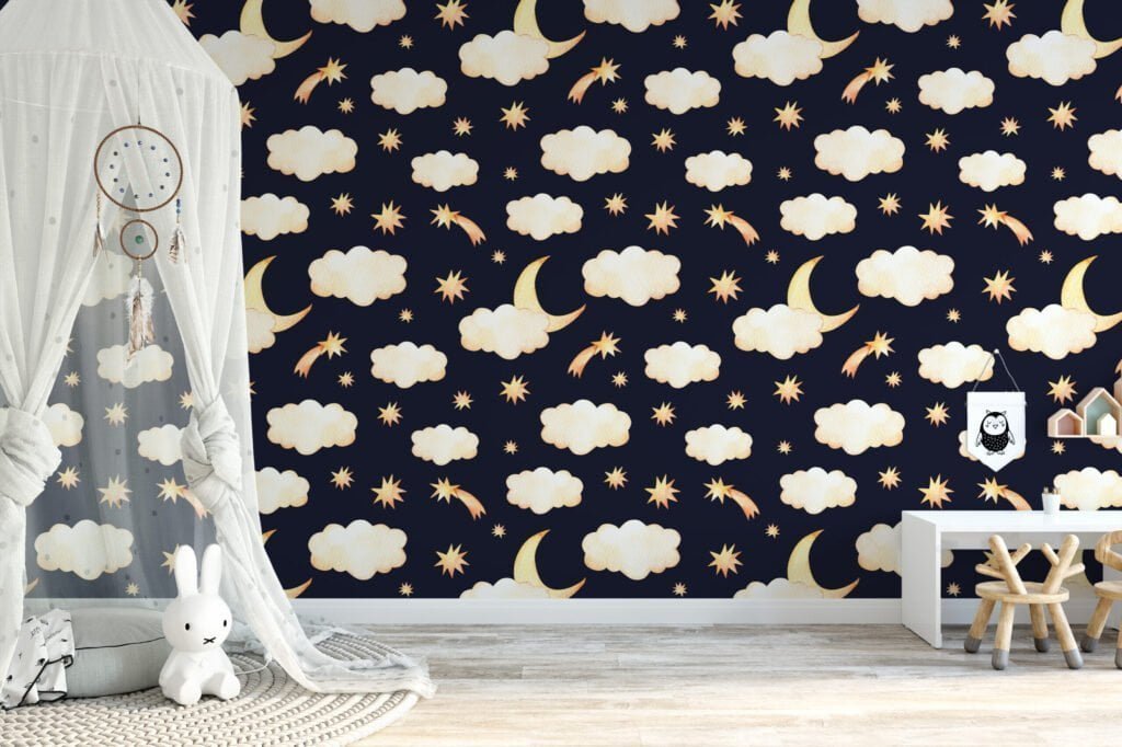 Sulu Boya Ay Gece Bulutları ve Yıldızlar Duvar Kağıdı, Gece Gökyüzü 3D Duvar Posteri Bebek Odası Duvar Kağıtları 3