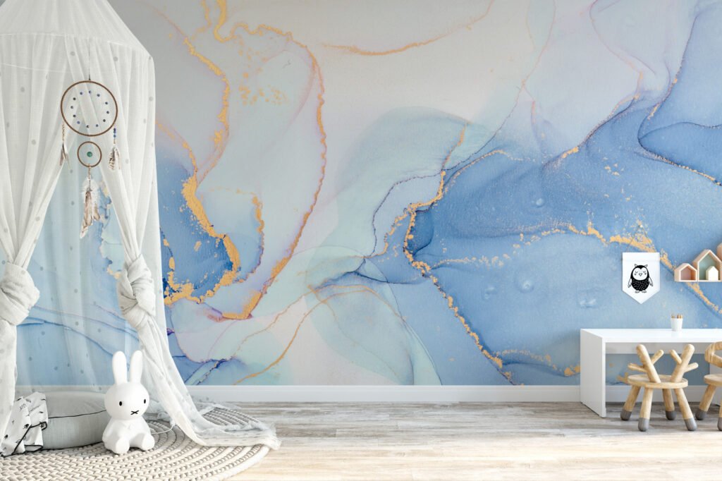 Yumuşak Tonlu Mavi Mürekkep Sanatı Mermer Desenli Duvar Kağıdı Bebek Odası Duvar Kağıtları 5