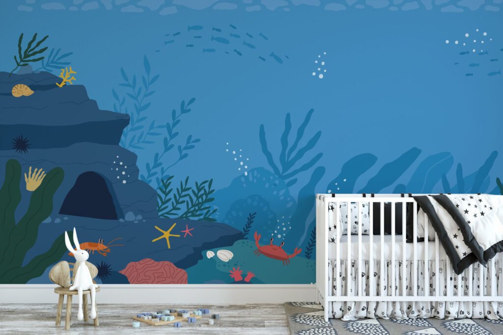 Karikatür Stili Mavi Denizaltı Okyanus Duvar Kağıdı, Okyanus Çocuk Odası Duvar Posteri Çocuk Odası Duvar Kağıtları 7
