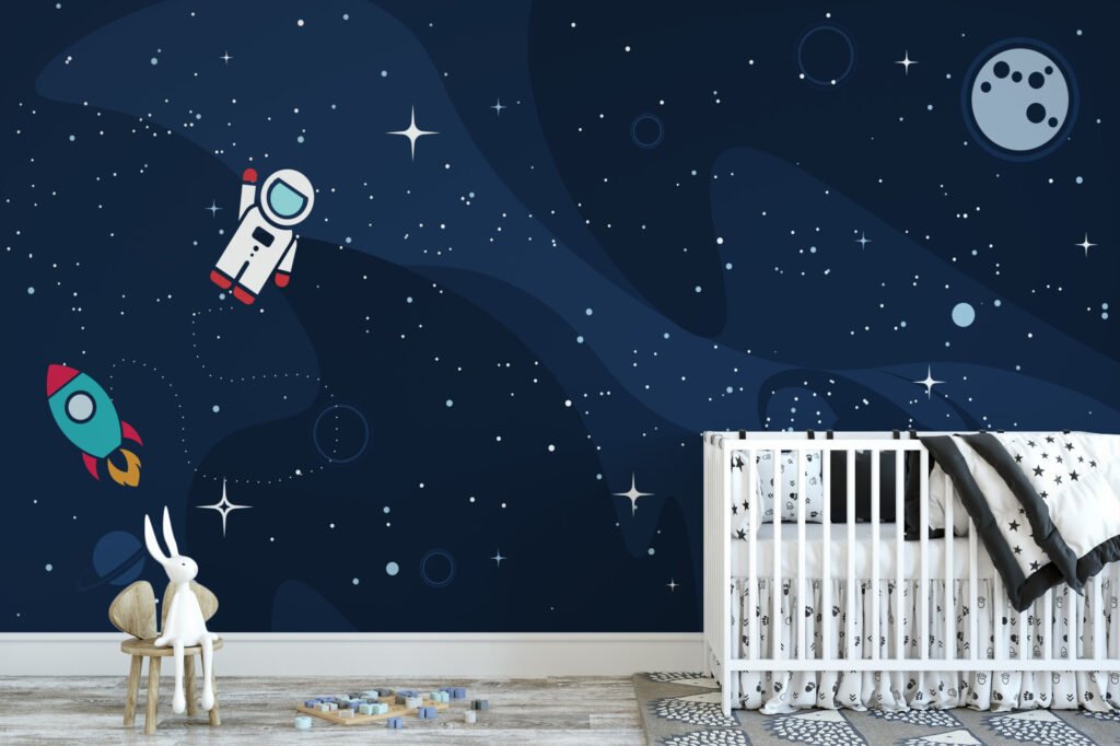 Uzay Temalı Astronot ve Yıldızlar Duvar Kağıdı, Modern Astronot Kozmos 3D Duvar Posteri Bebek Odası Duvar Kağıtları 3