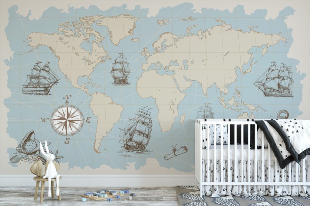 Pastel Mavi Korsan Temalı Dünya Haritası Duvar Kağıdı Çocuk Odası Harita Duvar Kağıtları 2